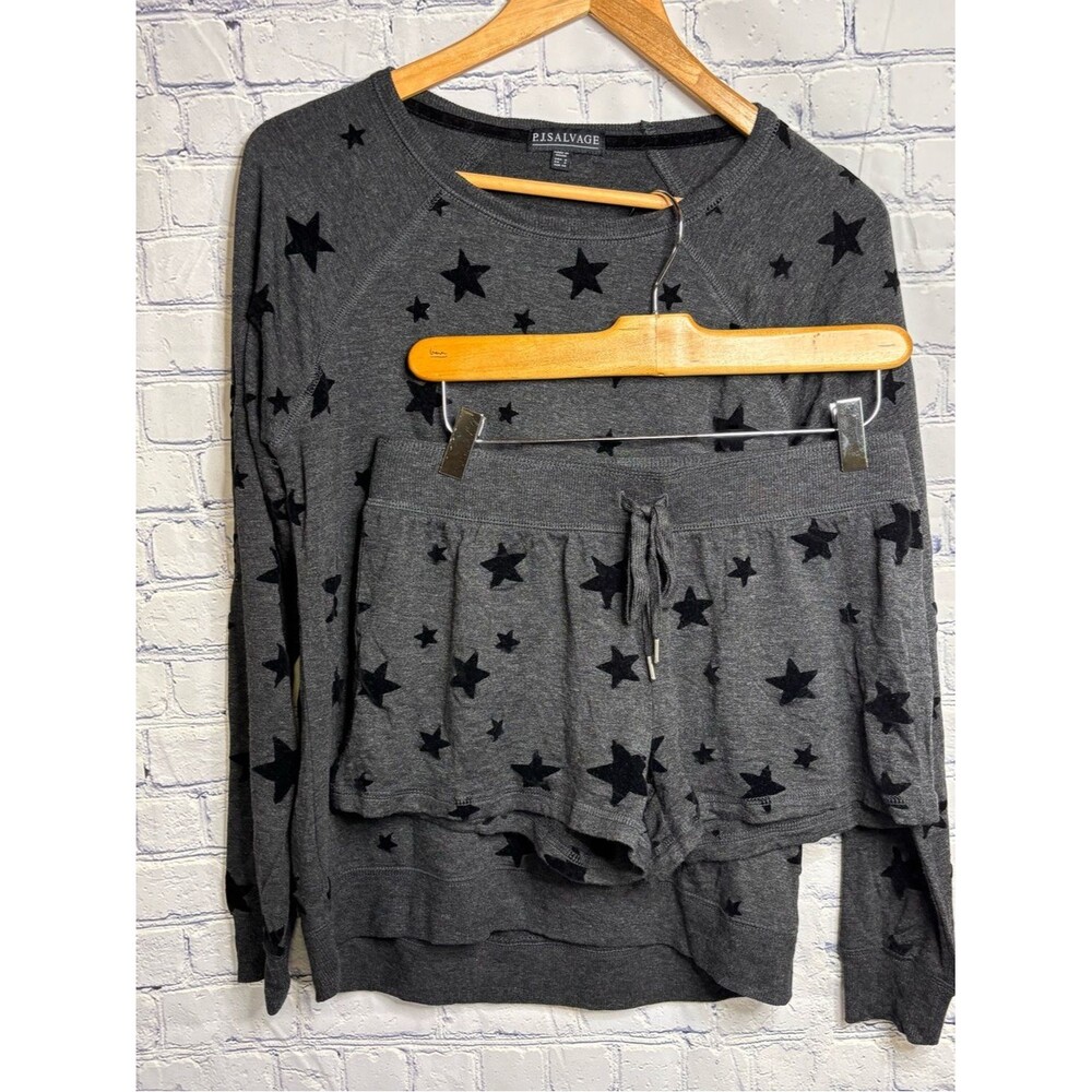 PJ Salvage Star Print Pajama Comfy Lounge Set Charcoal Gray Crewneck & Shorts S